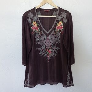 Johnny Was Brown Tunic with Floral Embroidery